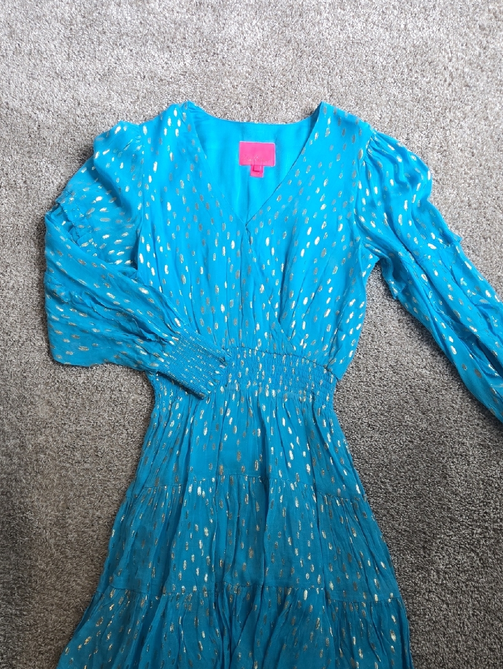 Lilly Pulitzer Teal Blue Dress with Gold Metallic Dots